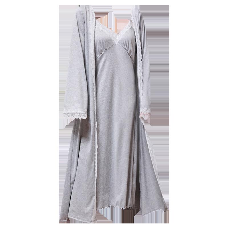 European and American sexy pajamas women's deep V lace suspender nightgown European and American style home bathrobe nightgown set