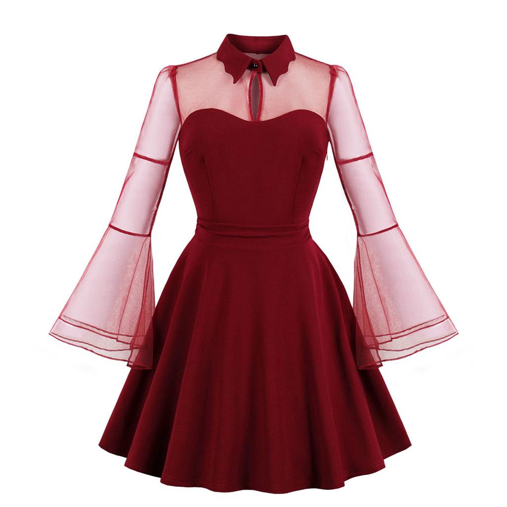 Women  Color Long Sleeve Retro Dress Gothic Flare Sleeve Stitching Dress