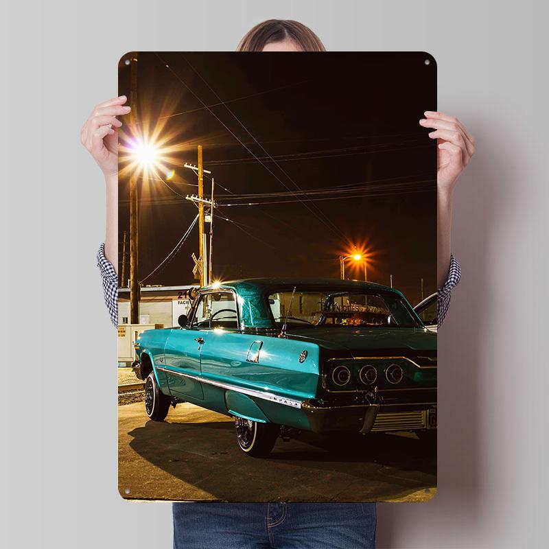 Lowrider Classic Teal Car At Night Poster Customized Vintage Metal Signs Wall Art Retro Tin Plaque for Garage Home Decorations