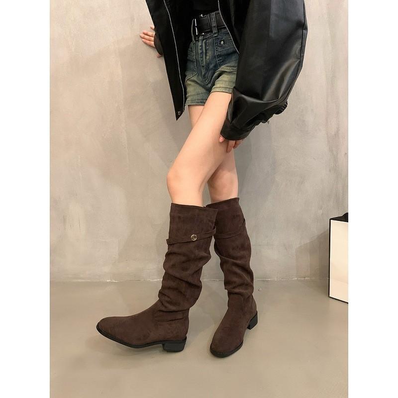 French Thick Heel Apricot Suede Piled Boots Women'S Shoes Spring And Autumn Winter Versatile Thin Long Boots