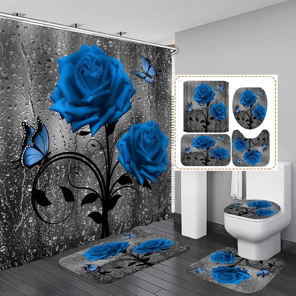 Elegant Blue Floral Shower Curtain Set Bathtub Curtains Non-Slip Carpet Bath Mat Toilet Cover Bathroom Set Decoration Without