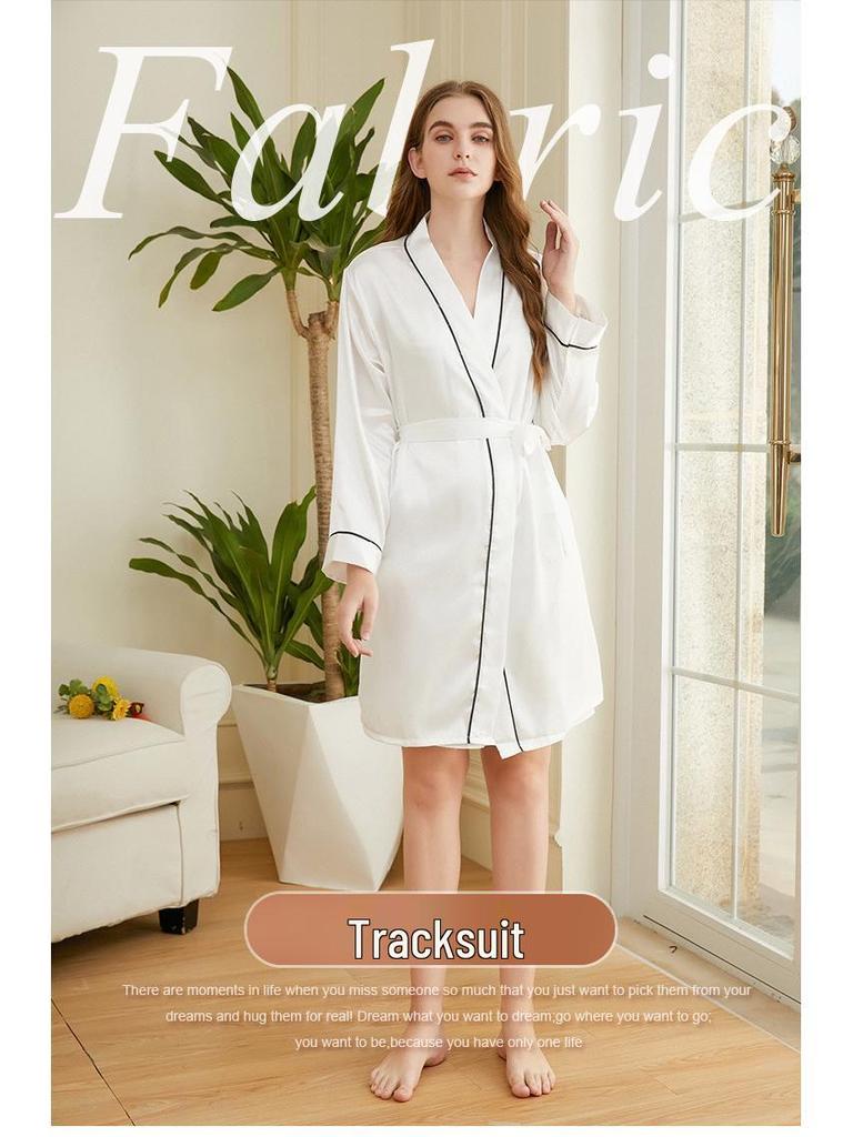 Damen Morgenmantel aus Kunstseide mit V-Ausschnitt, Bindegürtel und langen Ärmeln - Frühling/Sommer Pyjama Loungewear