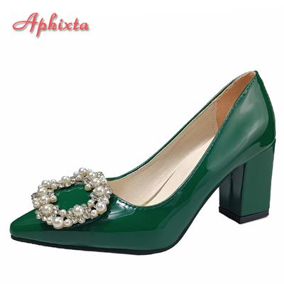 Fashion Aphixta New Dark Green Pearl Buckle Patent Leather Women's Pumps 7cm Square Heel Officile Pointed Toe Shoes Super Big Size 49 50