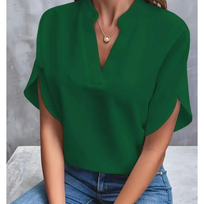 Damen 2025 Sommer Casual Einfarbig V-Ausschnitt Locker Bluse Tops für Damen