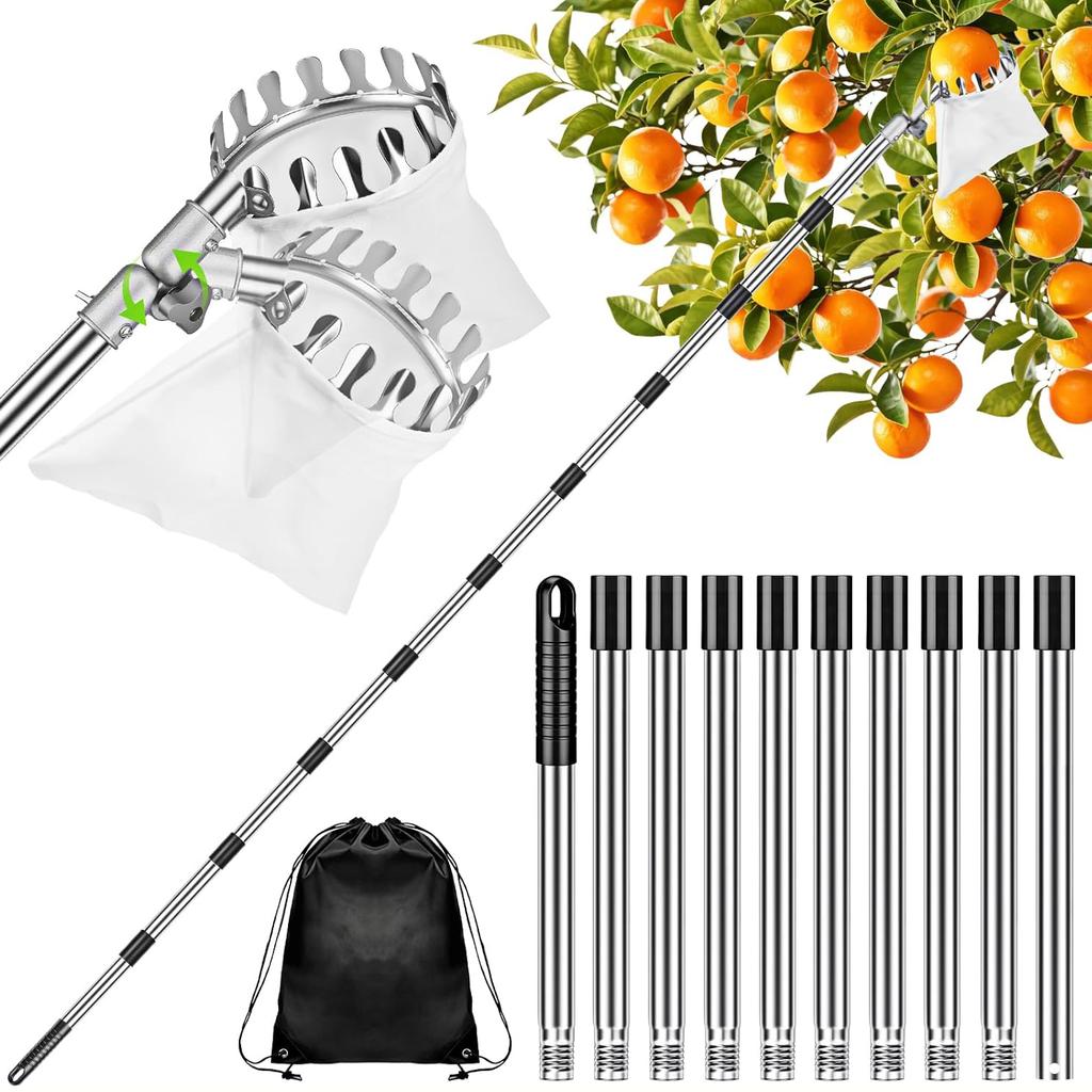 13,1FT Obstpflücker Stange mit Korb Teleskopisch, Baumobstpflücker Werkzeug mit Edelstahlstange & Aufbewahrungstasche für Apfel, Mango, Avocado, Orange, Zitrone