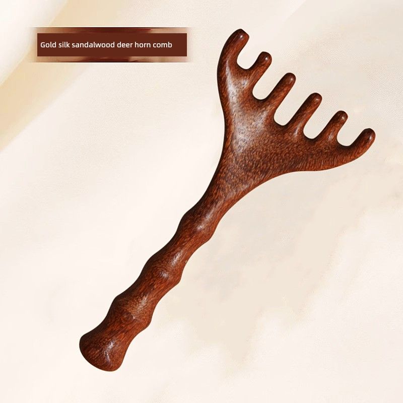 Gold Sandalwood Massage Body Five Finger Dredging Comb Golden Sandalwood Antler Comb (Anti-Slip Handle)