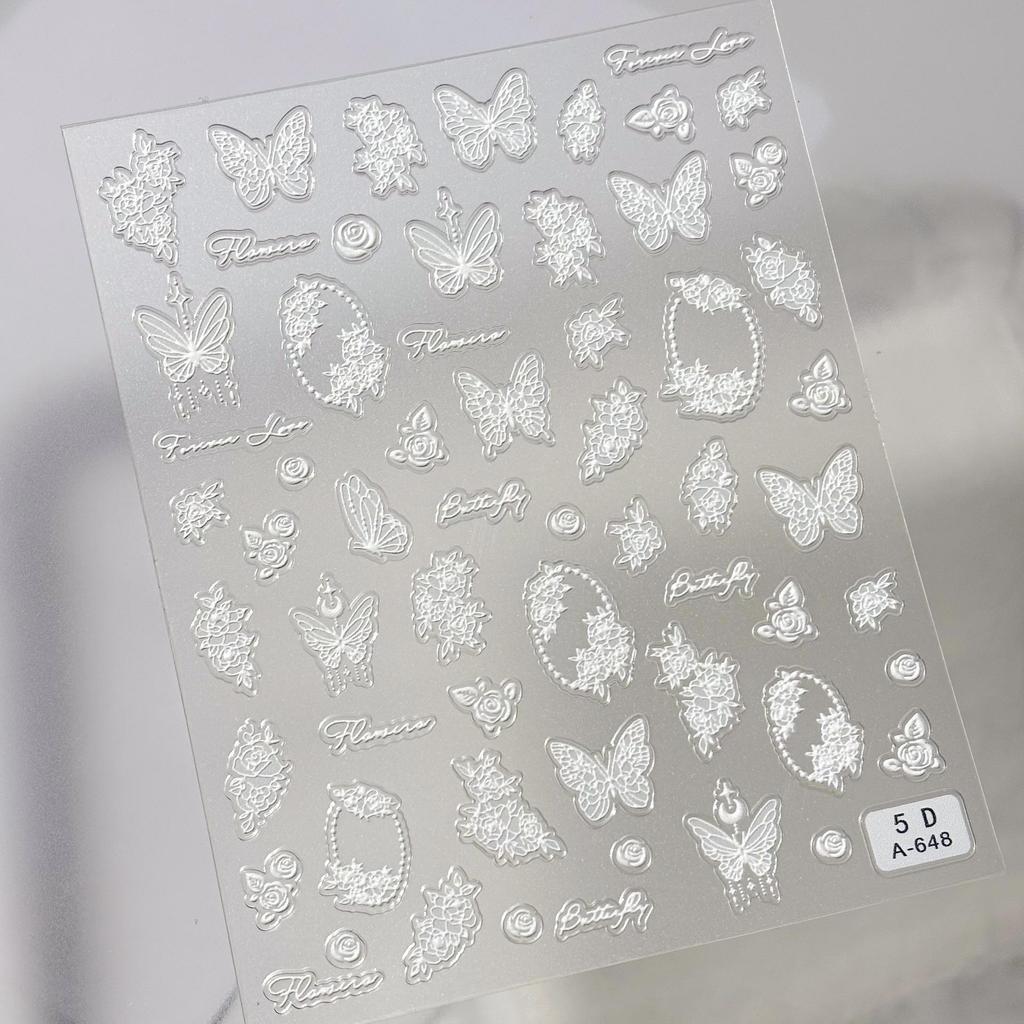 5D Japanese Floral Nail Art Stickers: 3D Embossed Butterfly & Semi-Transparent Hand-Painted Hollowed Designs.