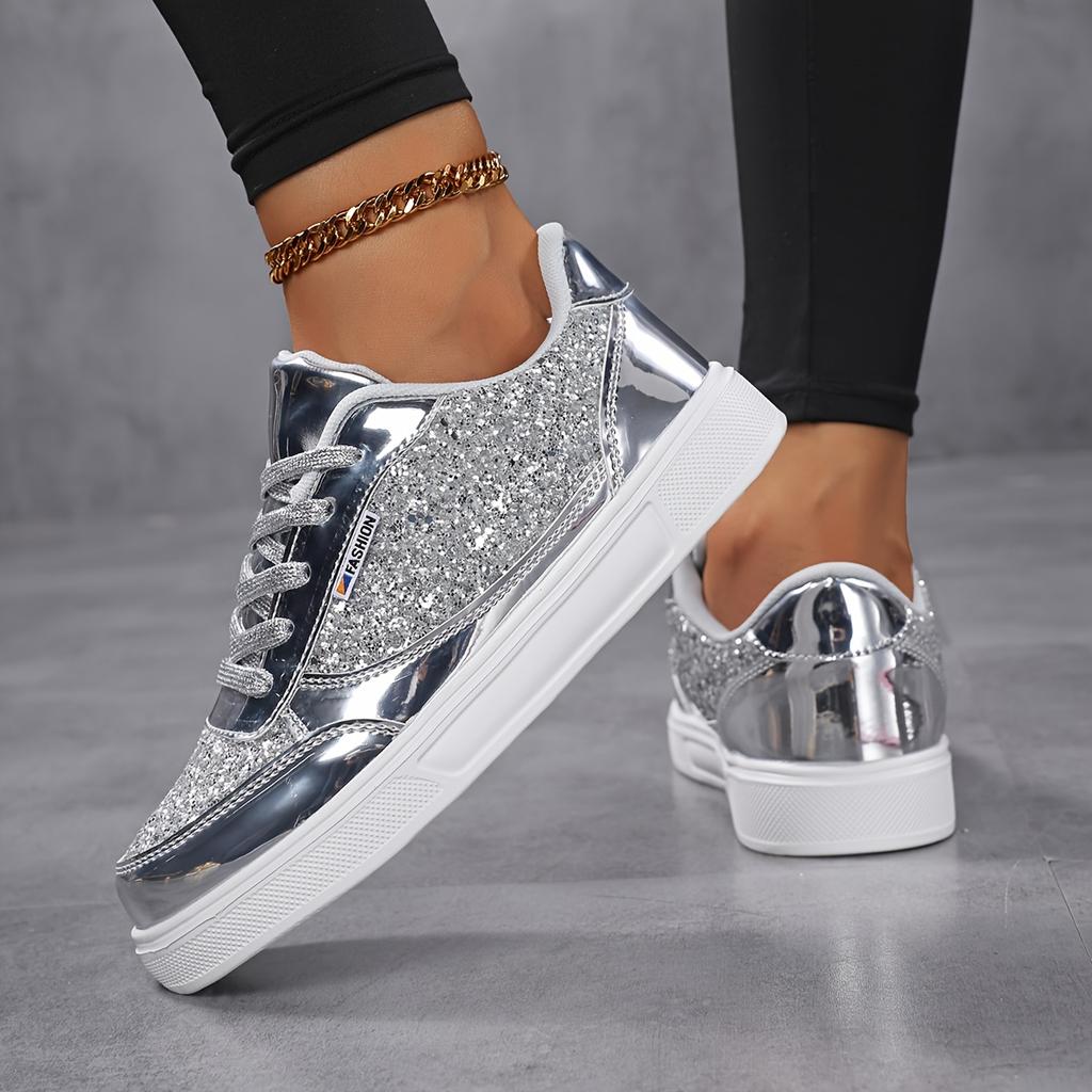Women's Sequined Low Cut Lace Up Design Paired with PU Upper and EVA Cushioned Sole, Suitable for Daily Commuting and Leisure Travel