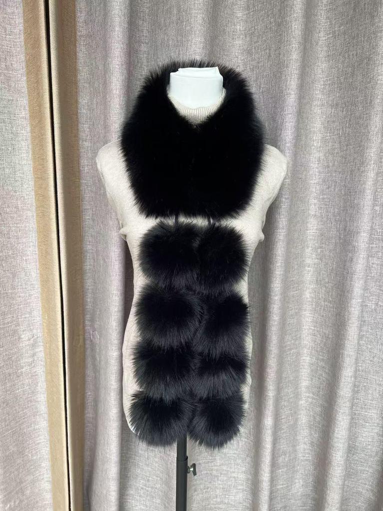 Magnetic Faux Fox Fur Scarf with Pom-Poms - Double-Sided Plush Shawl for Autumn/Winter.