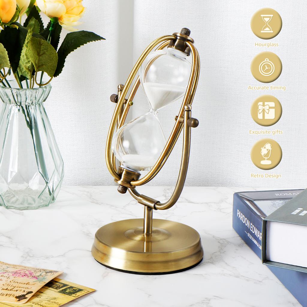 Hourglass Timer 30 Minutes Sand Clock Timer Vintage Metal Sand Watch Antique Glass Sandglass with White Sand Decorative Hour