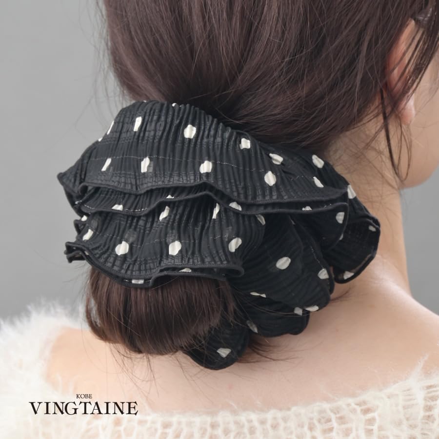 VINGTAINE Dot Voluminous Scrunchie with Ruffles for Chic and Elegant Perfect for Updos, Adults, Women, HS-226