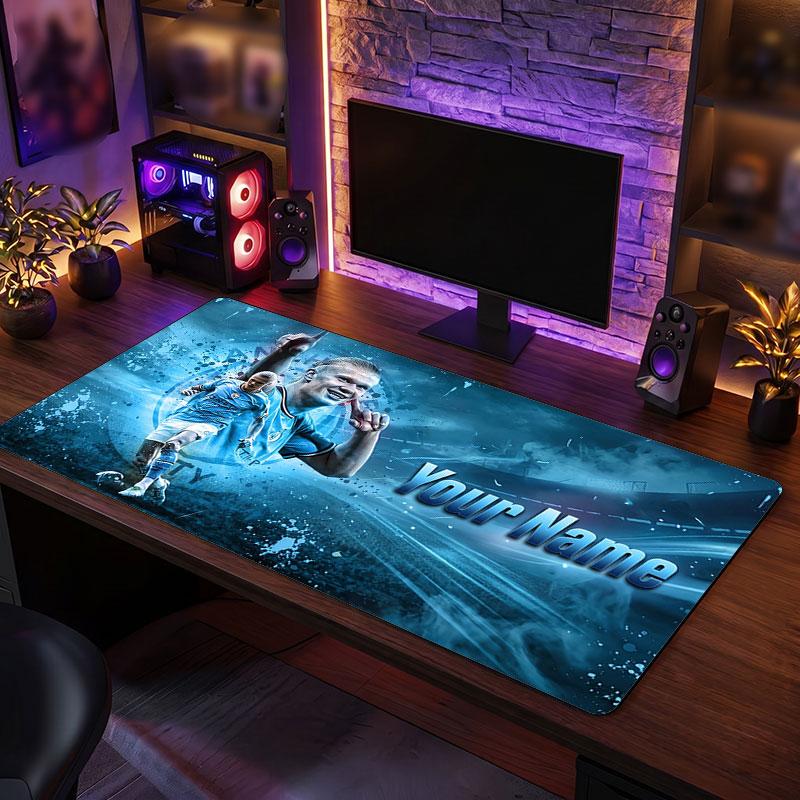 Erling Haaland Custom Large Mouse Pad, Personalized Name Text Print, Football Logo Non‑Slip Desk Mat Gaming Gift