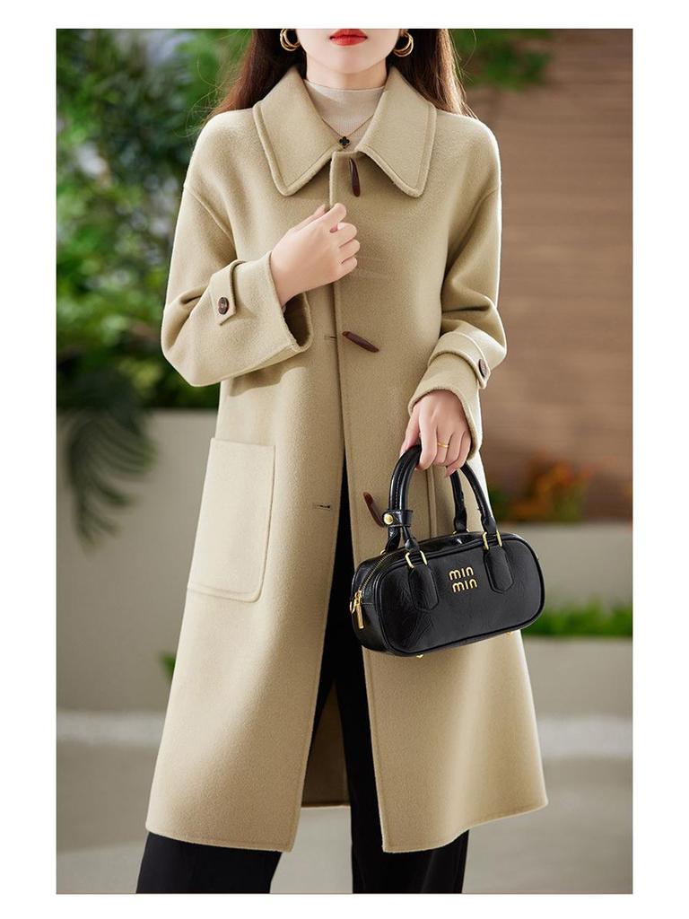 Women's Slim Fit Long Wool Coat with Wide Lapel and Toggle Closure - Double-Faced Woolen Overcoat for Autumn/Winter