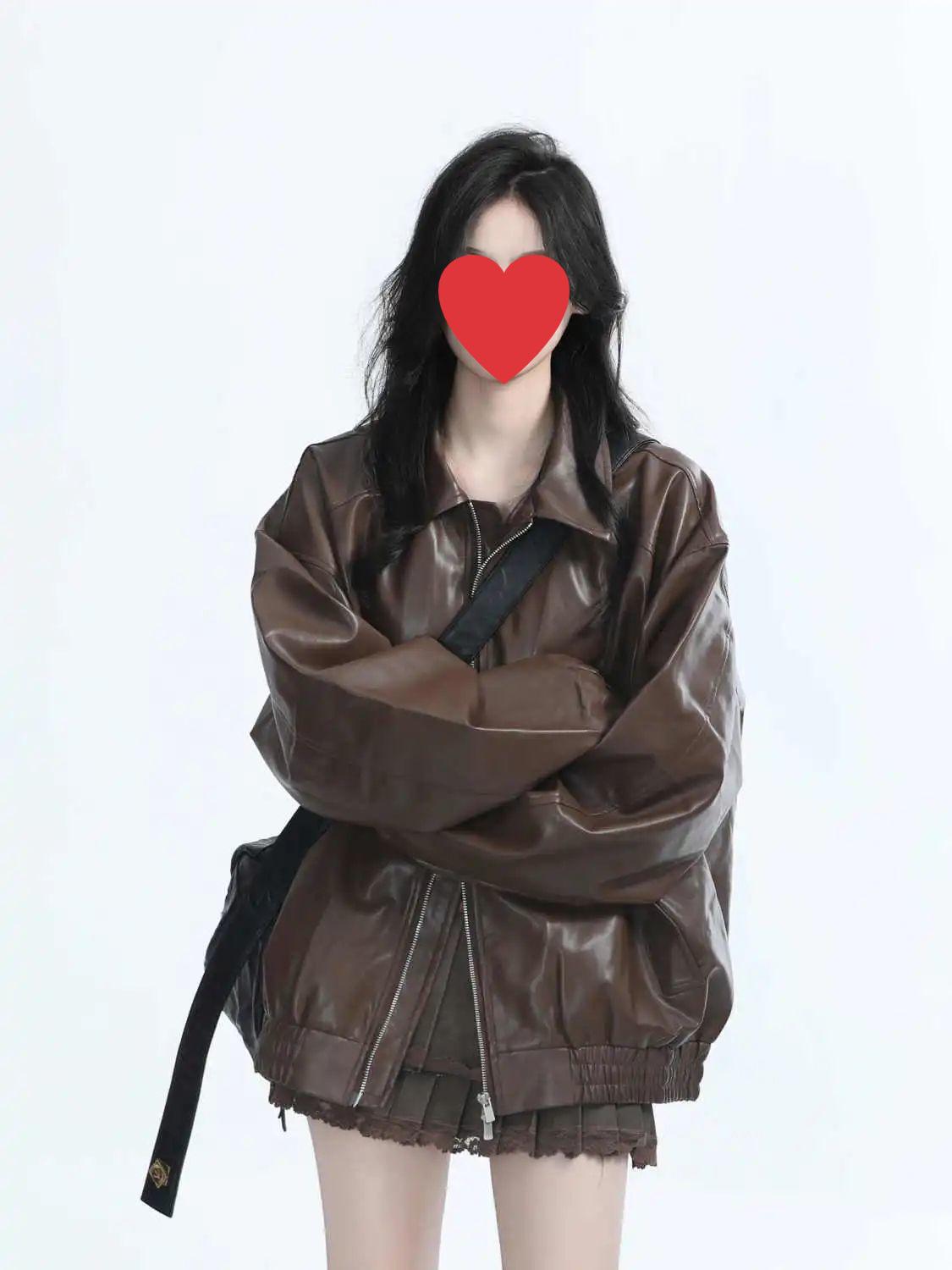 

Женская укороченная ретро-косуха из коричневой ПУ-кожи - Милый гонконгский стиль на осень 2X Large