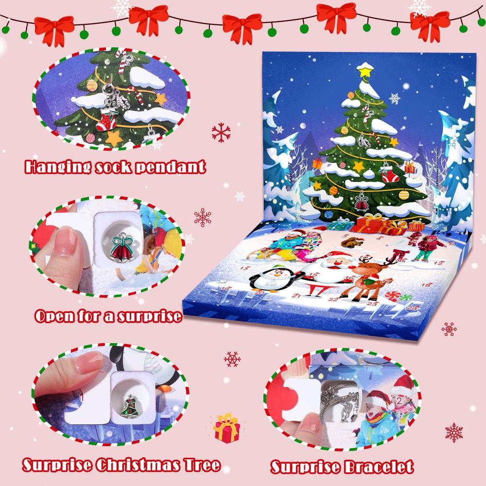 2025 Weihnachts-Adventskalender Geschenkbox Kreativer DIY Schneemann Weihnachtsmann Armband Countdown-Kalenderbox für Mädchen Neujahrsgeschenk