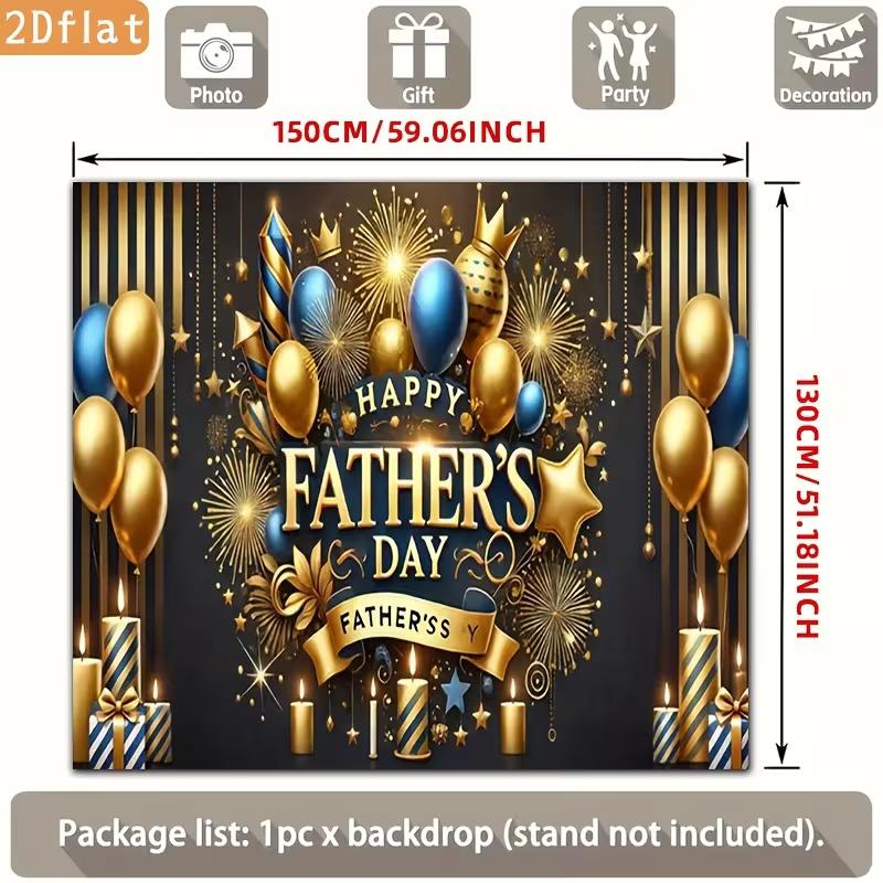 Happy Father's Day Backdrop, Black and Gold with Balloons, Candles and Fireworks for Father's Day Party