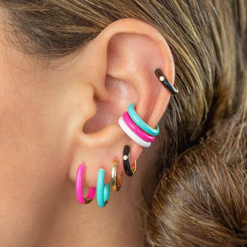 Promotion Vergoldeter Creolen-Ohrschmuck Ohne Zirkonia Emaille Voll Besetzt Schwarz Weiß Rosa Blau Emaille U-Form Creolenohrring für Damen