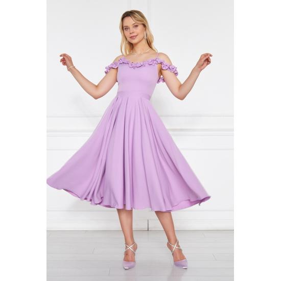 Women's Adjustable Strap Ruffle Detailed Collar Pleated Flared Midi Evening Dress