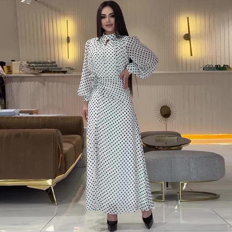 2024 Autumn Women's Polka Dot Print Elegant Round Neck Dress