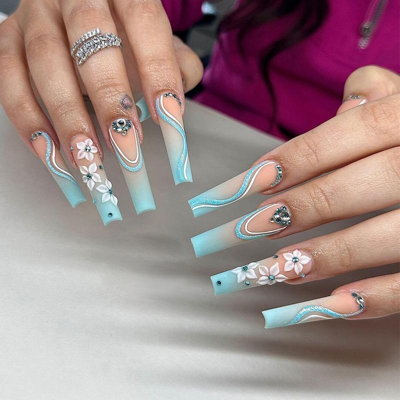 

Extra Long Trapezoid Wearable Nails with Frosted Floral and Butterfly Designs Gilded Glue Style