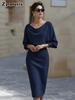Elegante Abito Lungo da Donna alla Moda con Maniche a Pipistrello, Colore Unito, Collo Alto, Arricciato