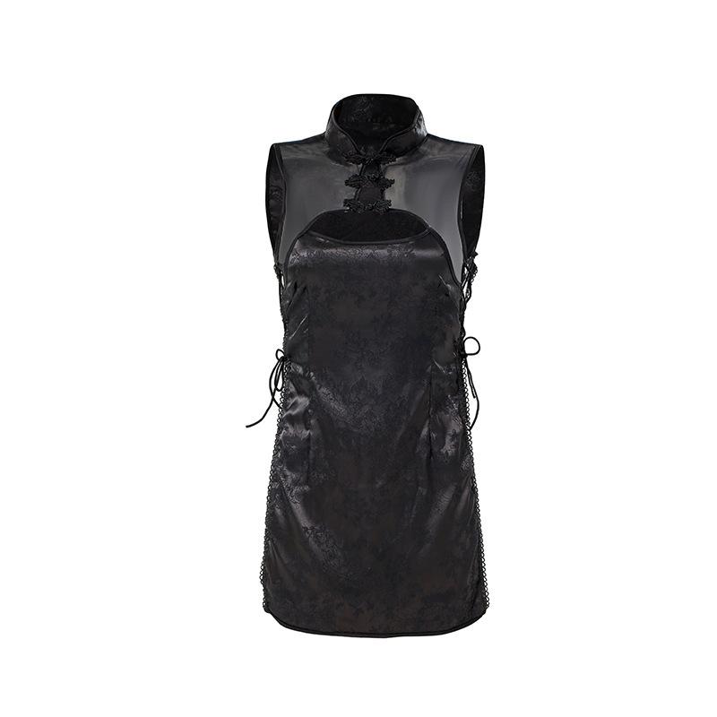 Sexy Qipao Lingerie Set Vintage Cheongsam Role Play Costume Side Slit Tie Dress Seductive Outfit with Garter Belt & Stockings