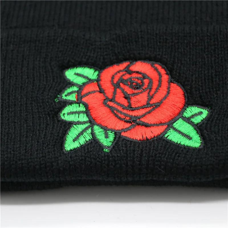 Autumn and Winter Knitted Hat with Rose Blossoms Embroidered Woolen Hat, Warm Hoodie, Cold Hat, No Eaves