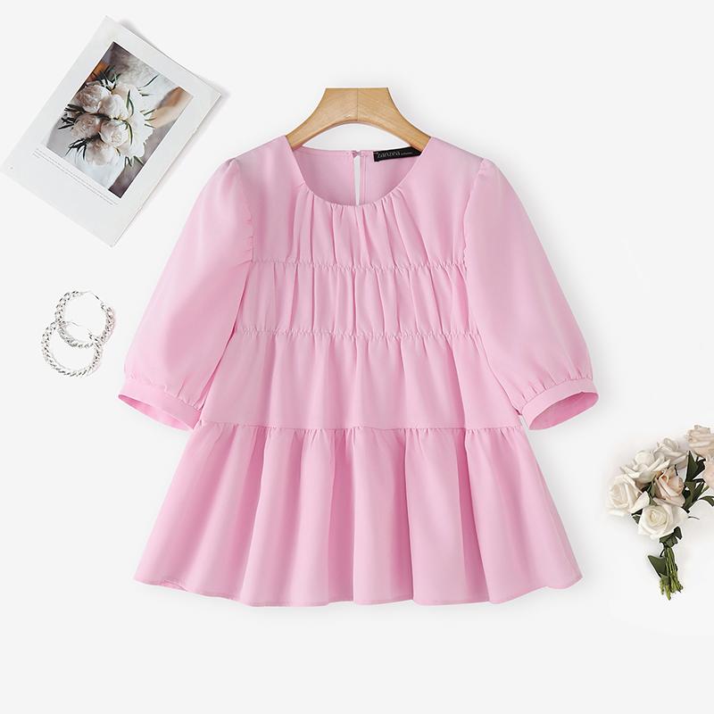 ZANZEA Lässige Bluse mit Rundhalsausschnitt, einfarbig, locker und kurzärmelig für Damen