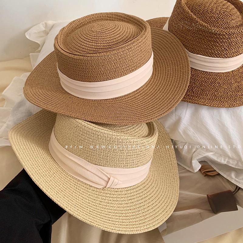 Vintage Large Brimmed Straw Hat for Women Summer Beach Flat Top Sun Protection and Sunshade Hat Beach Fisherman Hat Beach
