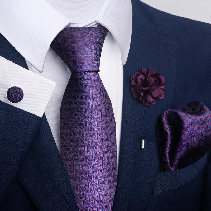 Brown Paisley Men's Tie, Pocket Square, Cufflinks & Boutonniere Set for Business Formal Wear.
