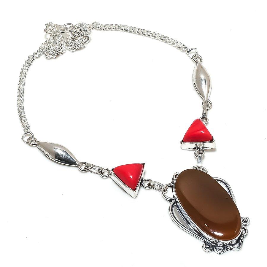 Natural Yellow Onyx, Coral 925 Sterling Silver Jewelry Necklace 18" T2k60