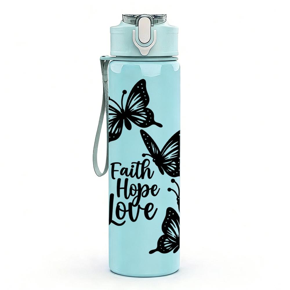 1PC Faith Hope Love Butterfly Art 750ml Color Plastic Sports Water Bottle Leakproof Flip Straw Lid Suitable for Sports Office Home Use