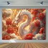 Elegante Weiße Drachen-Wandteppich Lebendige Rote Blumen Goldene Wolken Detaillierte Schuppen für Mythische und Majestätische Heimdekoration Wandkunst