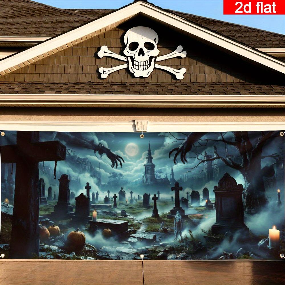 2D banner 1 Halloween garage door flag - Ghost Cemetery scene, with glowing pumpkins, bats and a full moon, decorated