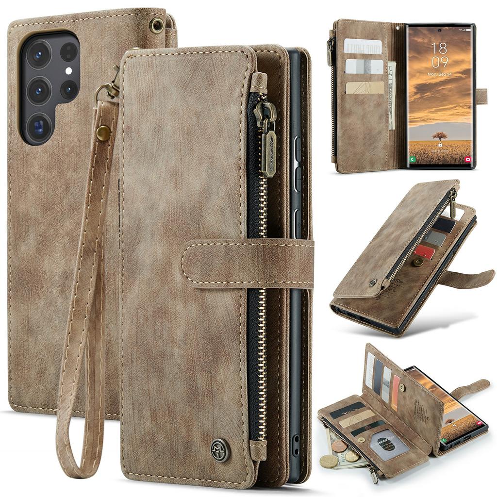For Samsung Galaxy S24 Ultra Phone Cases with Strap CASEME C30 Zipper Multiple Card Holder PU Leather Cover