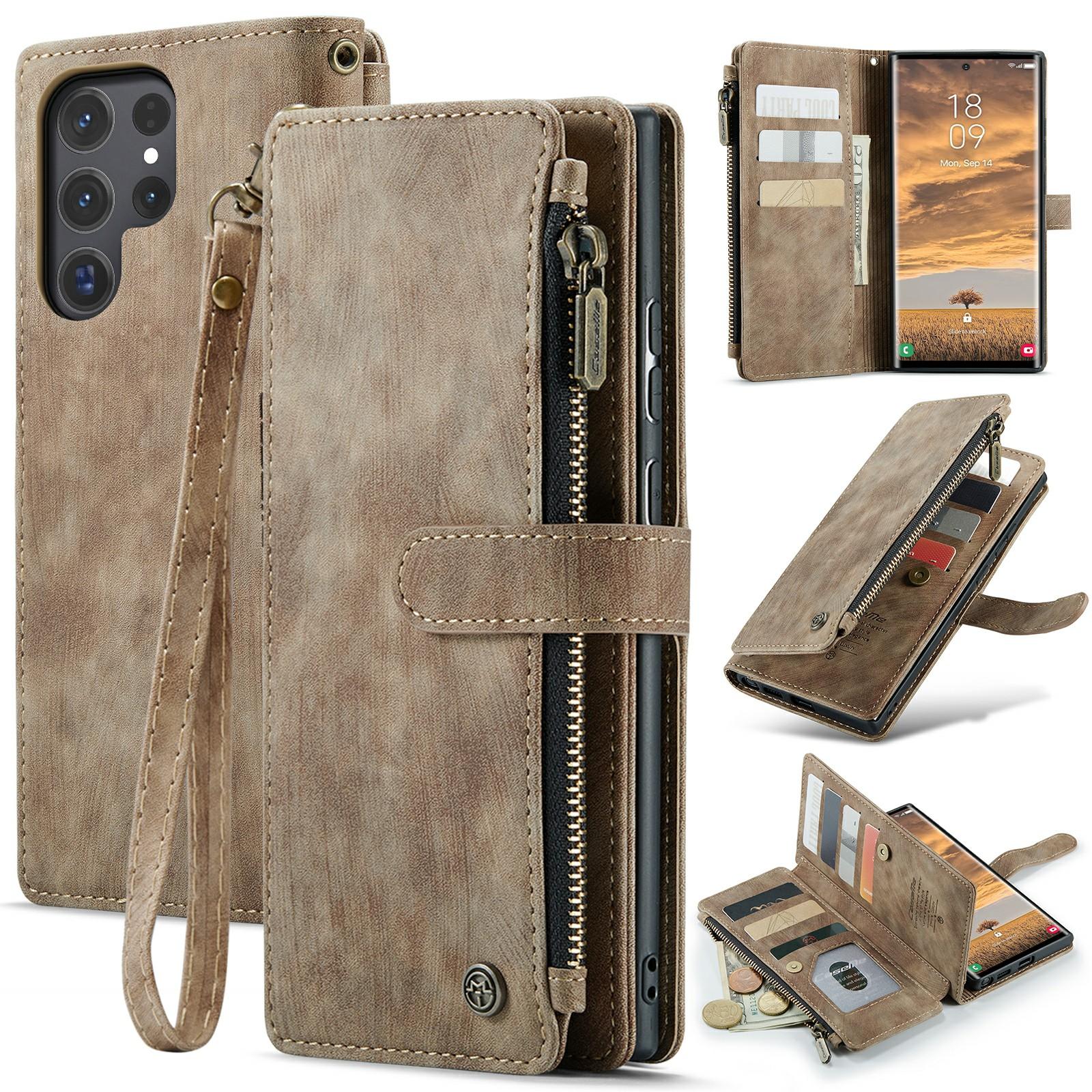 

For Samsung Galaxy S24 Ultra Phone Cases with Strap CASEME C30 Zipper Multiple Card Holder PU Leather Cover Brown