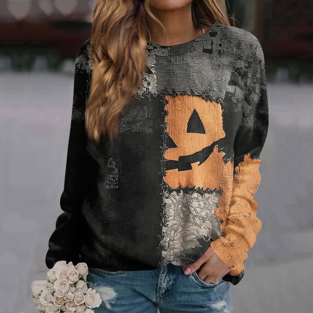 Women's Long Sleeve Crewneck Sweatshirt with Halloween Print for Casual Comfort