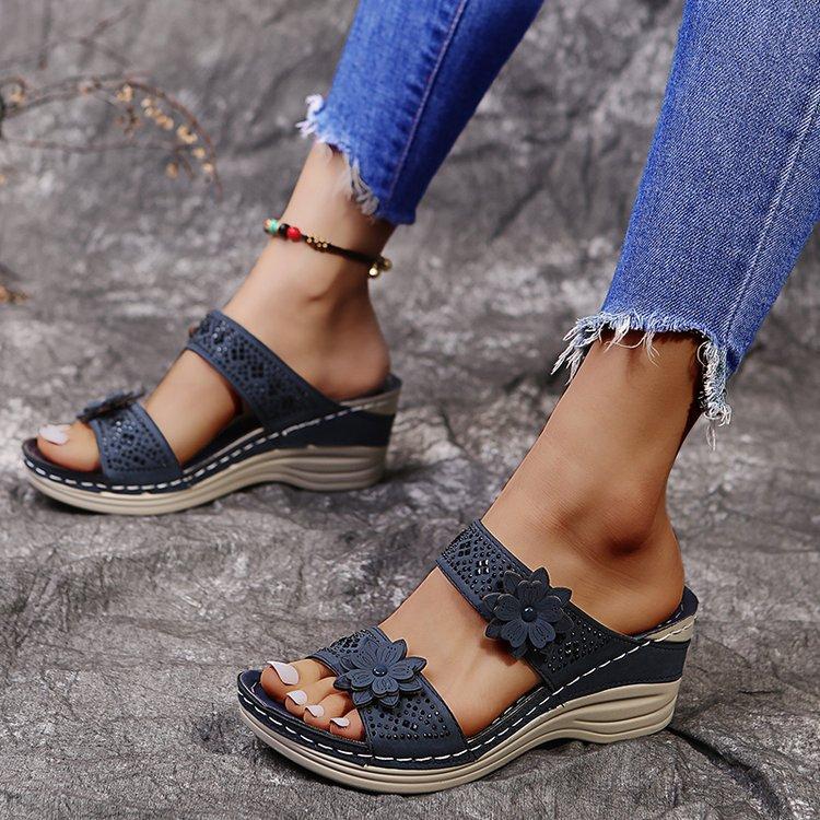 Casual flower large size new high-heeled one-character women's wedge slippers
