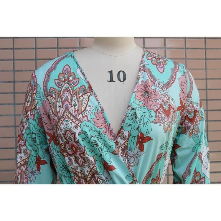 Boho Floral Print Long Dress Elegant Deep V Neck Long Sleeve High Split Swing Dress with Belt Women Beach Dresses Sexy