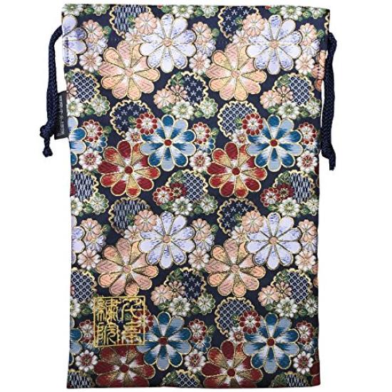 Senshishuin Nishijin Brocade Drawstring Bag Colorful Flowers in Full Large (Lined) - Bloom/Navy,