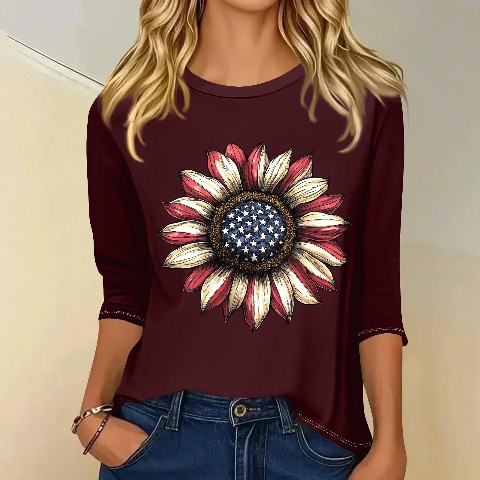 

Women s Fashion Casual 3/4 Sleeve T-Shirt Printed Round Neck Pullover Top L винний