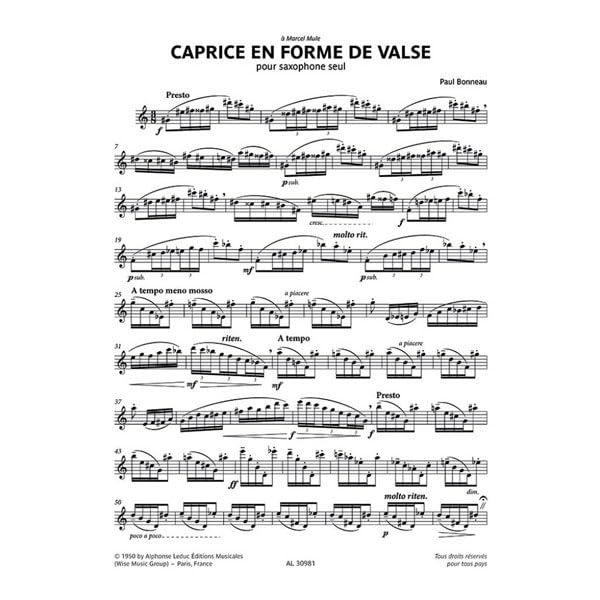 Paul Bonneau: Unaccompanied Caprice In Waltz Form (Saxophone Solo) Alphonse Leduc Publishing