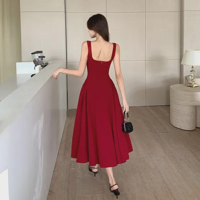 2025 Elegant Red Swing Skirt Dress: New French-Style Suspender for Women