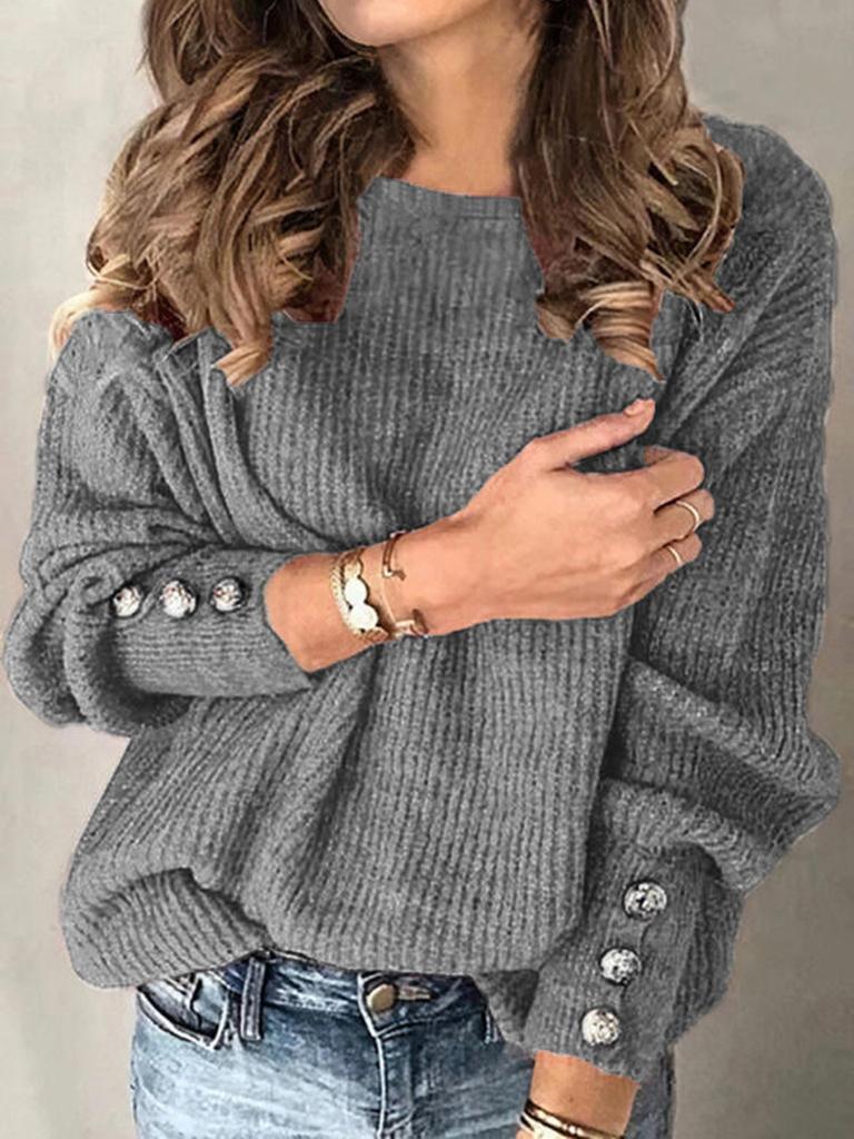New Arrival Buttoned Women's Knit Sweater Loose Round Neck Casual Pullover
