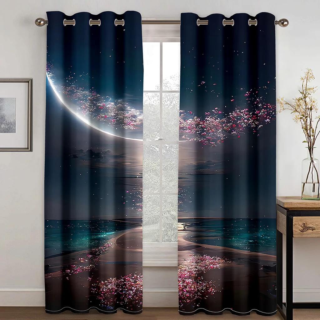 Green Aurora Curtains Night Stars Moon Curtains Living Room Bedroom Home Decor Curtains 2 Panels