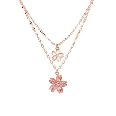 [K.L.Y] Women's Popular Cherry Blossom Necklace, Sterling Silver 925, High-Quality Pink Zirconia, Hypoallergenic, Double Strand Necklace, 18K Pink Gol