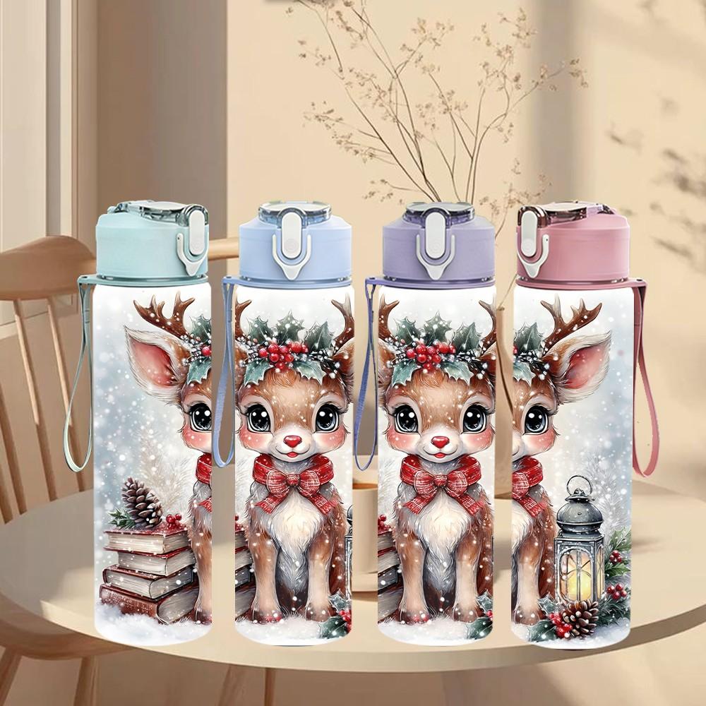1PC Christmas Deer Snow Winter Animal Art 750ml Color Plastic Sports Water Bottle Leakproof Flip Straw Lid Suitable for Sports Office Home Use