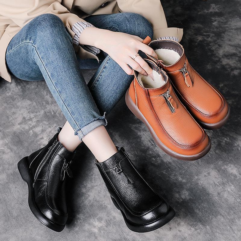 Cizme Martin de iarnă 2025 pentru femei, din piele cu căptușeală de lână, cu toc mediu - Pantofi călduroși cu toc gros pentru mamă