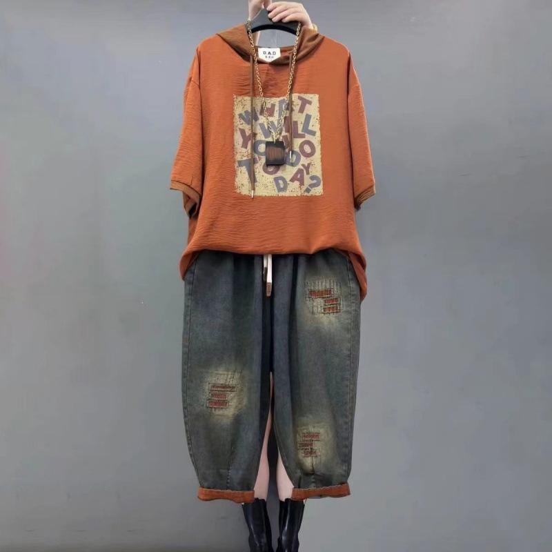 Casual Set Personalized Fashion Hooded Loose Print Short Sleeve Nine Points Jeans Two Piece Set Women's