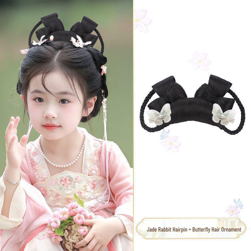 Jade Rabbit Hanfu Wig: Children's Ancient Style Tang Dynasty Updo with Hair Padding and Bun Headdress